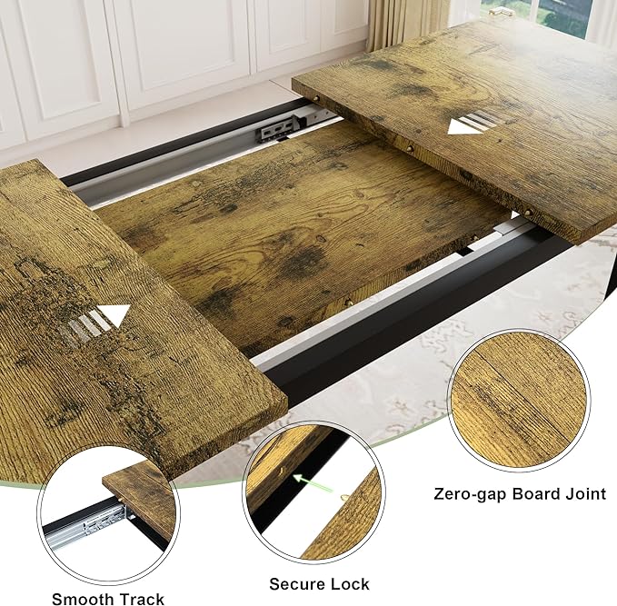 Feonase 7-Piece Dining Table Set with 6 Stools, 63" Large Extendable Kitchen Table Set for 4-8, Mid-Century Dining Room Table with Heavy-Duty Frame, Easy Assembly, Rustic Brown - LeafyLoom