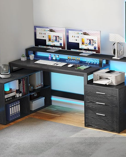DWVO L Shaped Desk with Power Outlets & LED Lights, 65" Computer Desk with Drawers, Corner Desk Office Desk with File Cabinet & Printer Stand, Black - LeafyLoom