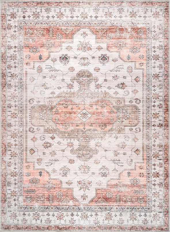 nuLOOM 8 Square Machine Washable Rain Haven Vintage Medallion Area Rug, Beige, Traditional Faded Design, Non-Slip Backing, Stain Resistant, For Bedroom, Dining Room, Living Room, Kitchen - LeafyLoom