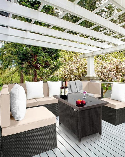 Pamapic 8 Pieces Patio Furniture Set Conversation Sofa with 42 Inch 50,000 BTU Auto-Ignition Outdoor Fire with Glass Wind Guard, Wicker Sofa (Black Wicker, Beige Cushions) - LeafyLoom