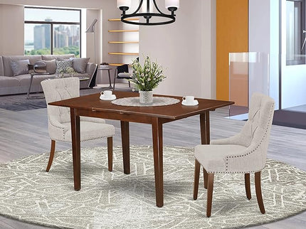 East West Furniture NOFR3-MAH-05 Norfolk 3 Piece Kitchen Set Contains a Rectangle Dining Room Table with Butterfly Leaf and 2 Doeskin Linen Fabric Parsons Chairs, 32x54 Inch - LeafyLoom