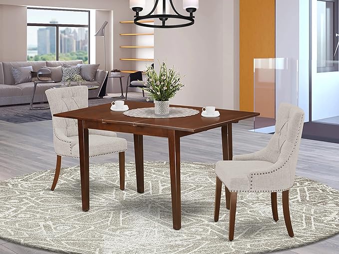 East West Furniture NOFR3-MAH-05 Norfolk 3 Piece Kitchen Set Contains a Rectangle Dining Room Table with Butterfly Leaf and 2 Doeskin Linen Fabric Parsons Chairs, 32x54 Inch - LeafyLoom