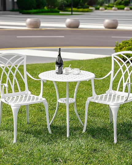 White Bistro Table and Chairs Set of 2, Cast Aluminum White Bistro Set Outdoor, Patio Bistro Sets with Umbrella Hole, Round Back Yard Set for Porch Balcony Garden - LeafyLoom