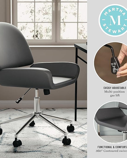 Martha Stewart Tyla Armless Swivel Task Chair for Home Office in Gray Faux Leather with Polished Nickel Frame - LeafyLoom