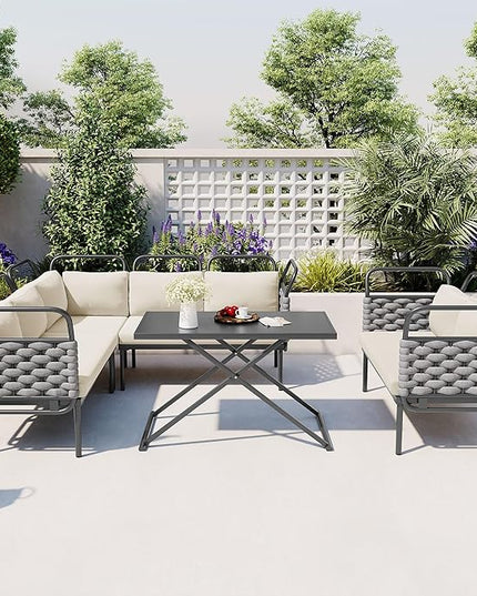 5-Piece Woven Rope Outdoor Patio Furniture Sets, L-shaped Conversation Sectional Sofa with Loveseat, Corner Couch, Glass Table and Removable Cushions, for Garden Backyard, Onesize, Gray+Beige - LeafyLoom