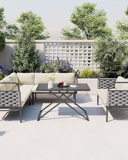 5-Piece Outdoor Furniture Sectional Conversation Sofa Set with Loveseat, Glass Table and Removable Cushions, All Weather Patio Woven Rope L-Shaped Couch for Garden Backyard, Gray+Beige - LeafyLoom