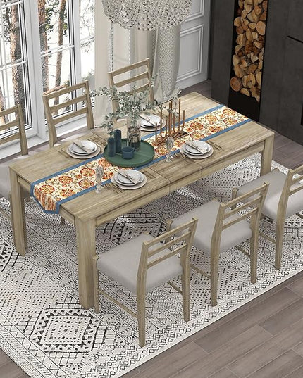 RITSU SONGG 7 Piece Modern Wooden Dining Set, Include Multifunctional Extendable Table with 12” Leaf and 2 Drawers & 6 Soft Cushion Chairs, for Diningroom, Living Room, Natural Wood Wash - LeafyLoom