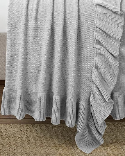 Lush Decor Reyna Soft Knitted Ruffle Throw Blanket, 104" W x 88" L, Light Gray - Ruffled Bedding - Knit Blanket - Cozy Oversized Blanket For Bed or Couch - Vintage, Minimalist & Cottage Home Decor - LeafyLoom