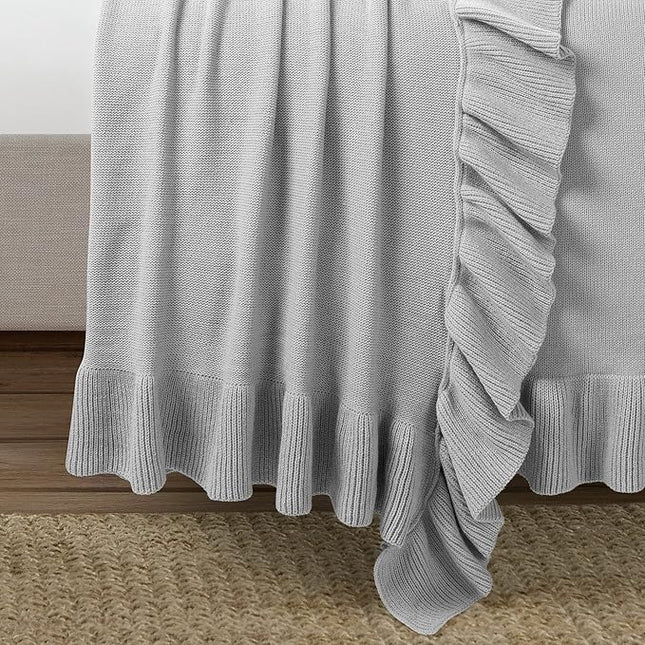 Lush Decor Reyna Soft Knitted Ruffle Throw Blanket, 104" W x 88" L, Light Gray - Ruffled Bedding - Knit Blanket - Cozy Oversized Blanket For Bed or Couch - Vintage, Minimalist & Cottage Home Decor - LeafyLoom