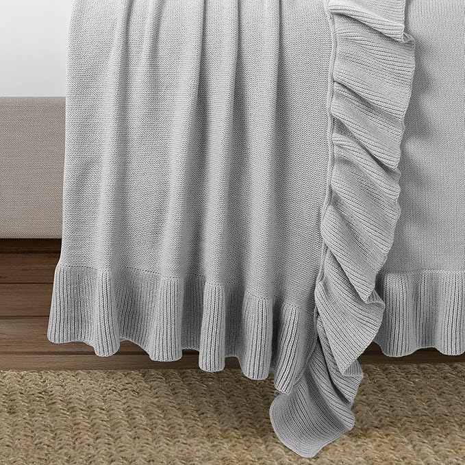 Lush Decor Reyna Soft Knitted Ruffle Throw Blanket, 104" W x 88" L, Light Gray - Ruffled Bedding - Knit Blanket - Cozy Oversized Blanket For Bed or Couch - Vintage, Minimalist & Cottage Home Decor - LeafyLoom