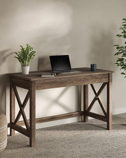 Lavish Home Writing Desk with X-Pattern Legs for Office, Bedroom, Computer, or Craft Table, 47-Inch Long, Light Tan Woodgrain - LeafyLoom