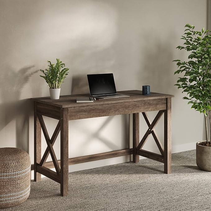 Lavish Home Writing Desk with X-Pattern Legs for Office, Bedroom, Computer, or Craft Table, 47-Inch Long, Light Tan Woodgrain - LeafyLoom