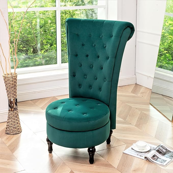 Royal High-Back Velvet Accent Chair for Vanity with Storage and Luxurious Upholstery, Retro Design and Versatile Usage for Living Room, Bedroom, Lounge and Office, Green - LeafyLoom