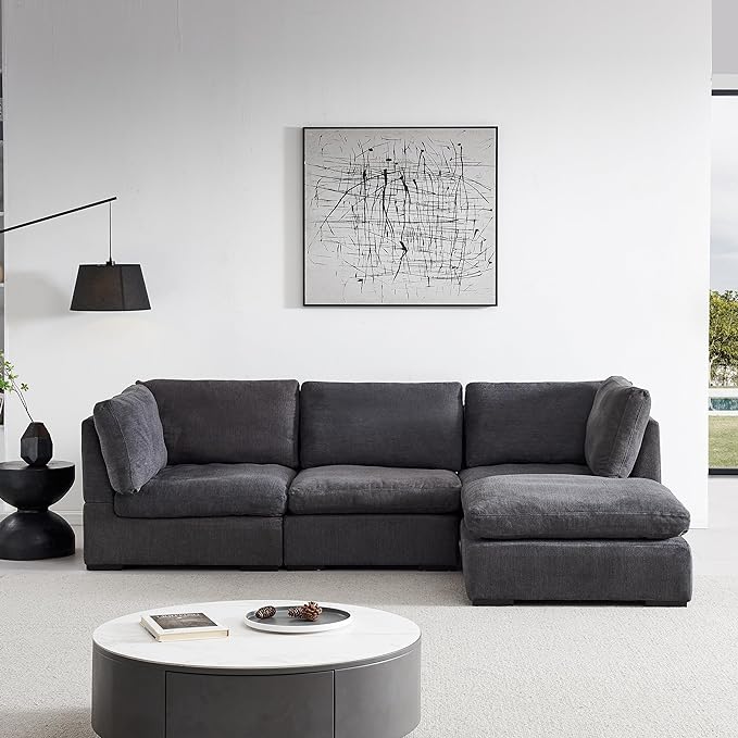 Cloud Modular Sectional Sofa, Comfort 60% Down Filled L Shaped Sleeper Sofa Couch Bed with Movable Ottoman for Living Room, Minimalist Wide Deep Seat Convertible Corner Sofa&Couches for Office - LeafyLoom
