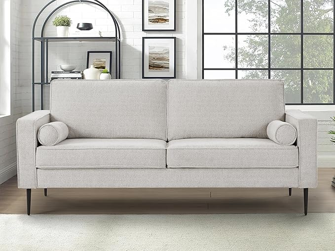 Upholstered 3 Seater Sofa Couch with Metal Legs and Removable Cushions for Livingroom Bedroom, Including 2 Bolster Pillows, White, 77" W - LeafyLoom