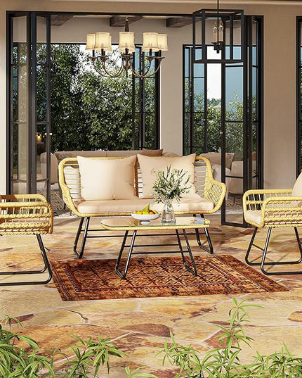 YITAHOME 4-Piece Patio Furniture Wicker Outdoor Bistro Set, All-Weather Rattan Conversation Loveseat Chairs for Backyard, Balcony and Deck with Soft Cushions and Metal Table (Light Brown+Beige) - LeafyLoom