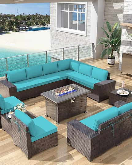 Patio Furniture Sectional Sofa Set 13-Pieces PE Rattan Patio Conversation Set w/43in Gas Fire Pit Table, Outdoor Furniture with 55000 BTU Propane Fire Pit, Blue - LeafyLoom