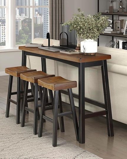 Lexicon Bar Table Set for 3, Small Kitchen table set Kitchen Island Table with 3 Saddle Bar Stools, 4 Piece Dining Table Set for Breakfast Nook, Living Room, Apartment, Pub Height, Black/Brown - LeafyLoom