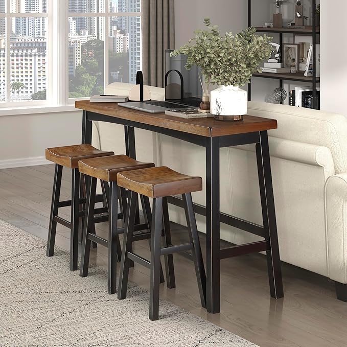 Lexicon Bar Table Set for 3, Small Kitchen table set Kitchen Island Table with 3 Saddle Bar Stools, 4 Piece Dining Table Set for Breakfast Nook, Living Room, Apartment, Pub Height, Black/Brown - LeafyLoom