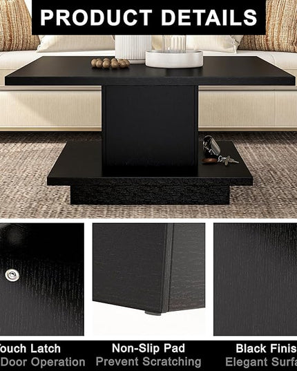 24/7 Shop at Home Lukas 31 inch Square Coffee Table with Hidden Storage and Base Shelf, Contemporary Furniture for Living Room, Home Office, Apartment, Small Space, Black - LeafyLoom