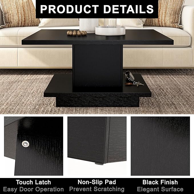 24/7 Shop at Home Lukas 31 inch Square Coffee Table with Hidden Storage and Base Shelf, Contemporary Furniture for Living Room, Home Office, Apartment, Small Space, Black - LeafyLoom