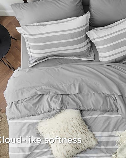 Bedsure Twin Comforter Set 5 Pieces, Gray White Striped Twin Bedding Sets All Season Bed Set, Twin Bed in a Bag with Comforter, Sheets, Pillowcase & Sham - LeafyLoom