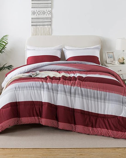 Litanika Red Comforter Set King, 3 Pieces Boy Men Women Girls Christmas Comforter Bedding Set, Burgundy White Colorblock Stripe for Winter (104x90In Comforter & 2 Pillowcases) - LeafyLoom