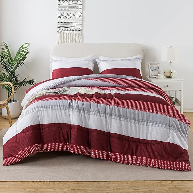Litanika Red Comforter Set Full, 3 Pieces Boy Men Women Girls Christmas Comforter Bedding Set, Burgundy White Colorblock Stripe for Winter (79x90In Comforter & 2 Pillowcases) - LeafyLoom