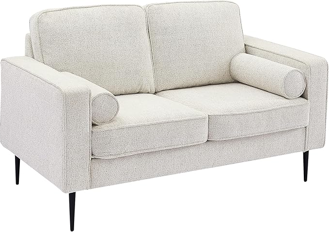 Upholstered Loveseat Sofa Modern Small 2-Seater Couch with Metal Legs for Livingroom Bedroom, Including 2 Bolster Pillows, White - LeafyLoom