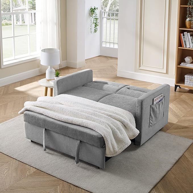 3 in 1 Sleeper Sofa Bed,Contemporary Minimalist Style 2 Seater Loveseat Convertible Sofa&Couch with Pull Out Sofabed and Side Storage Pockets for Home,Office,Apartment,RV Living Room Furniture - LeafyLoom