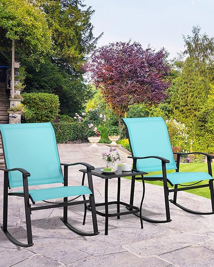 Shintenchi 3 Piece Rocking Bistro Set, Outdoor Furniture with Rocker Chairs and Glass coffee table set of 3, Balcony, Porch Furniture for Small Space, Blue - LeafyLoom