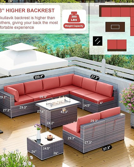 Kullavik 10 Pieces Outdoor Patio Furniture Set with 43" Gas Propane Fire Pit Table PE Wicker Rattan Sectional Sofa Patio Conversation Sets,Red - LeafyLoom