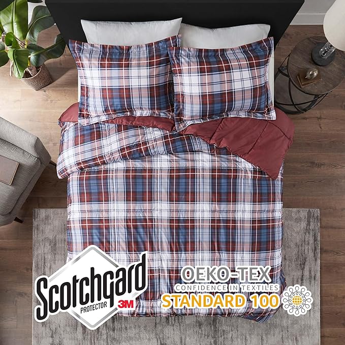 Madison Park Essentials Parkston Plaid Comforter, Matching Sham, 3M Scotchguard Stain Release Cover, Hypoallergenic All Season Bedding-Set, King/California King, Red, 3 Piece - LeafyLoom
