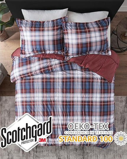 Madison Park Essentials Parkston Plaid Comforter, Matching Sham, 3M Scotchguard Stain Release Cover, Hypoallergenic All Season Bedding-Set, Full/Queen, Red, 3 Piece - LeafyLoom