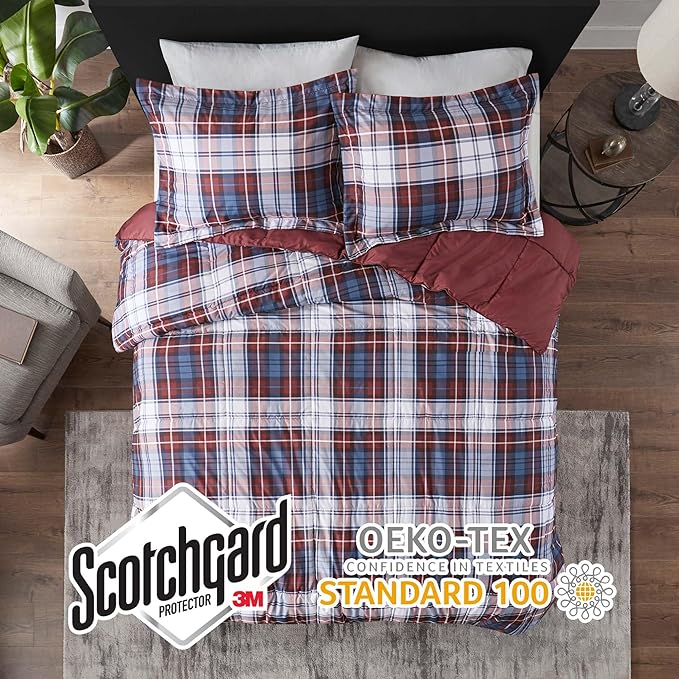 Madison Park Essentials Parkston Plaid Comforter, Matching Sham, 3M Scotchguard Stain Release Cover, Hypoallergenic All Season Bedding-Set, Twin/ Twin XL, Red, 2 Piece - LeafyLoom