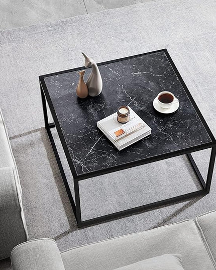 SAYGOER Black Coffee Table Small Square Coffee Table Simple Modern Center Table for Living Room Home Office 27.6 * 27.6 * 15.7Inch Easy Assembly, Black Faux Marble Top with Metal Frame - LeafyLoom