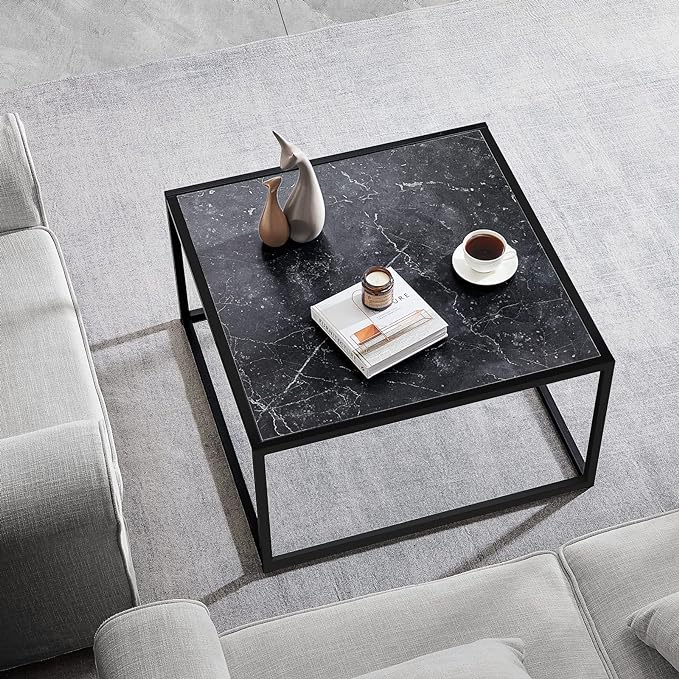 SAYGOER Black Coffee Table Small Square Coffee Table Simple Modern Center Table for Living Room Home Office 27.6 * 27.6 * 15.7Inch Easy Assembly, Black Faux Marble Top with Metal Frame - LeafyLoom