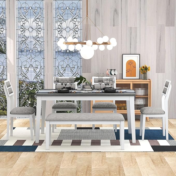 RITSU Traditional Style 6 Piece Dining Table Set, Including 4 Upholstered Burlap Chairs and Bench, Solid Wood Structure, Suitable for Living Room, Apartment,White&gray, 60inch - LeafyLoom