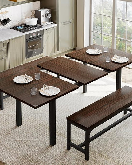 Feonase 63" Extendable Dining Room Table Set for 4, Modern Dining Table with 2 Benches, 3 Pcs Kitchen Table for Small Space, Easy Clean, Espresso - LeafyLoom