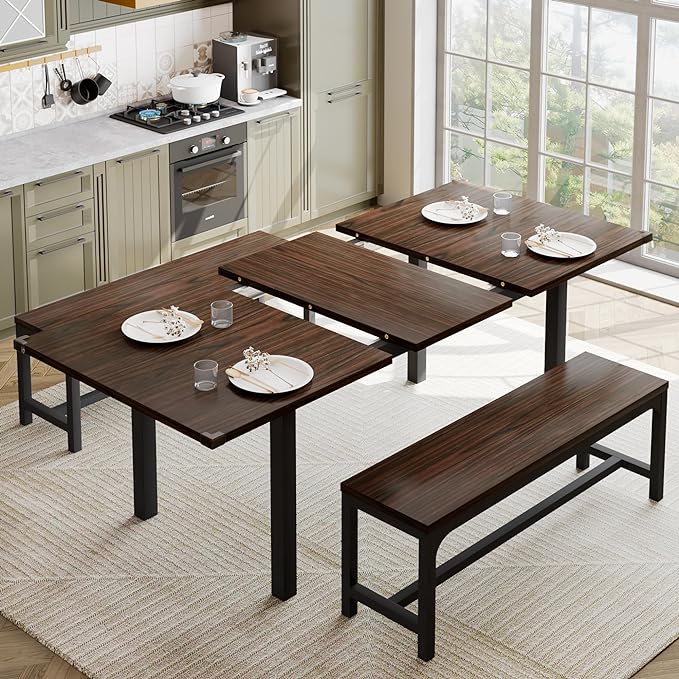 Feonase 63" Extendable Dining Room Table Set for 4, Modern Dining Table with 2 Benches, 3 Pcs Kitchen Table for Small Space, Easy Clean, Espresso - LeafyLoom