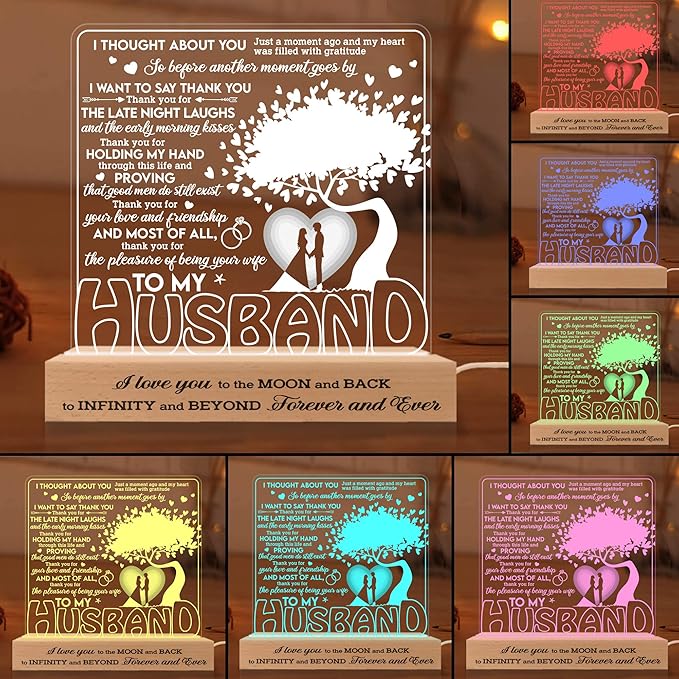 to My Husband Gifts from Wife LED Lamp, Romantic Valentines Gift 3D Illusion Lamp Wood Base USB Powered Acrylic Night Light, Husband Gifts, Fathers Day Presents for Him Husband - LeafyLoom