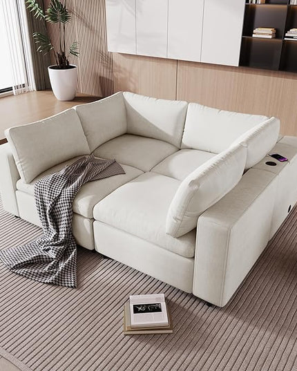 Free Combination Convertible Modular Sectional Sofa, 4 Seater Upholstered Sleeper Corner Couch with USB Charge Ports & Wireless Charging & Speaker,Deep-Seat Sofabed for Living Room Office - LeafyLoom