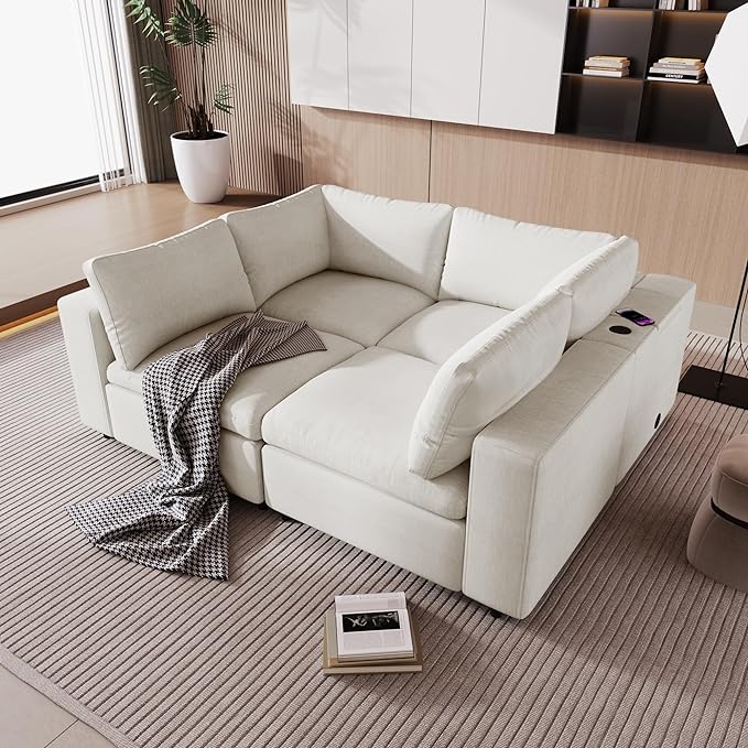 Free Combination Convertible Modular Sectional Sofa, 4 Seater Upholstered Sleeper Corner Couch with USB Charge Ports & Wireless Charging & Speaker,Deep-Seat Sofabed for Living Room Office - LeafyLoom