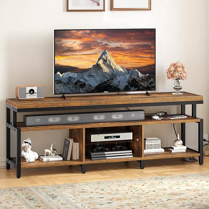 YITAHOME LED Television Stands w/Power Outlets for 70/65 inch, Modern Industrial TV Stand, Entertainment Center w/Open Storage, Entertainment Center for 360lbs for Living Room, Retro Brown - LeafyLoom