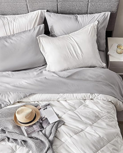 Bedsure White Twin Comforter Sets - 5 Pieces Reversible Twin Bedding Sets for College, White Extra Long Twin Bed Set with Comforters, Sheets, Pillowcase & Sham - LeafyLoom