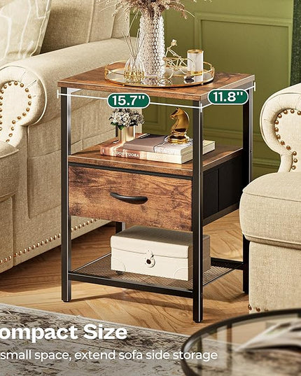 Night Stand with Fabric Drawer, Side Table with Mesh Shelf, Bedroom Nightstand, Fabric Drawer Dresser, Open Shelf, Metal Frame, Couch Side, Rustic Brown - LeafyLoom