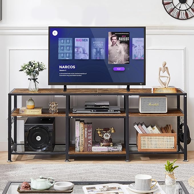 VECELO TV Stand for Televisions up to 75 Inch, Industrial Entertainment Center with 3-Tier Open Storage Shelves& Hooks for Living, Bedroom and Gaming Room, 70 in, Brown - LeafyLoom