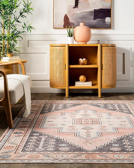 nuLOOM Catreena Transitional Floral Machine Washable Ultra Thin Area Rug, 5' x 8', Pink - LeafyLoom