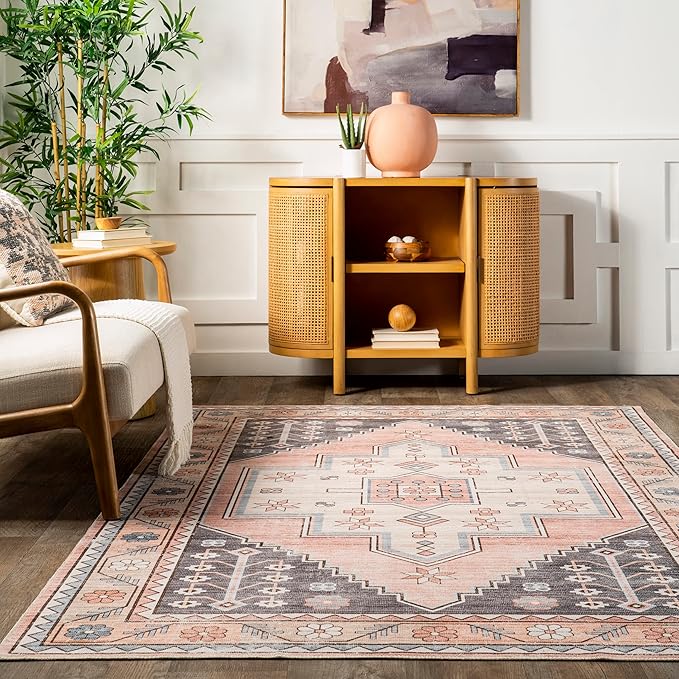 nuLOOM Catreena Transitional Floral Machine Washable Ultra Thin Area Rug, 5' x 8', Pink - LeafyLoom