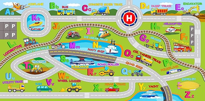 Booooom Jackson Train Car Mat for Kids Toy Cars,ABC Alphabet Car Rug for Kids To Play and Learn,Non Slip Car Play Rug for Boys Girls Room,Colorful Kids Rugs for Playroom Washable,Car and Train Playmat - LeafyLoom